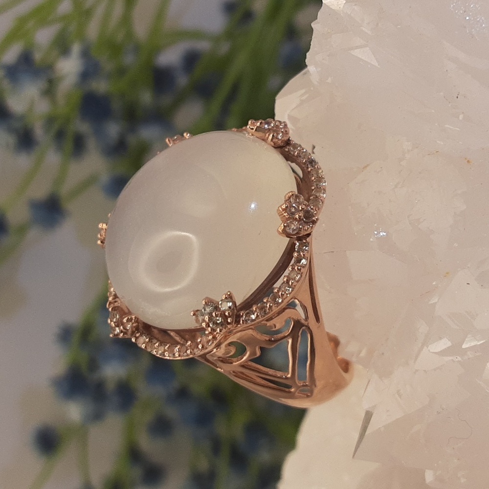 Rose Gold Over 925. White Moonstone And White Topaz Ring.